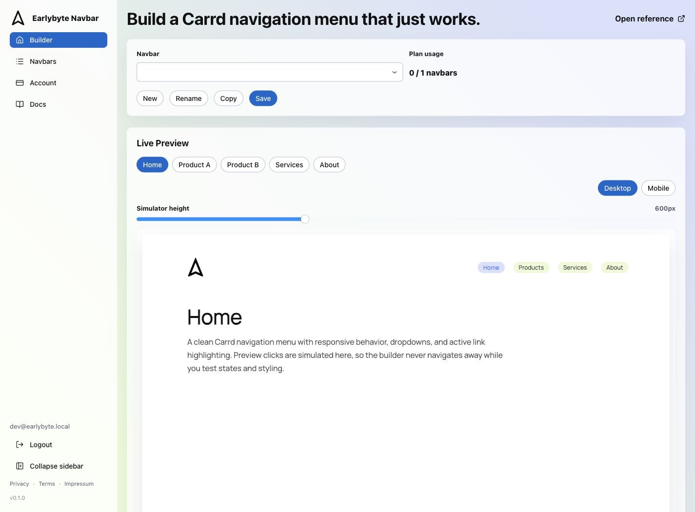 Desktop preview of a Carrd navbar in the builder