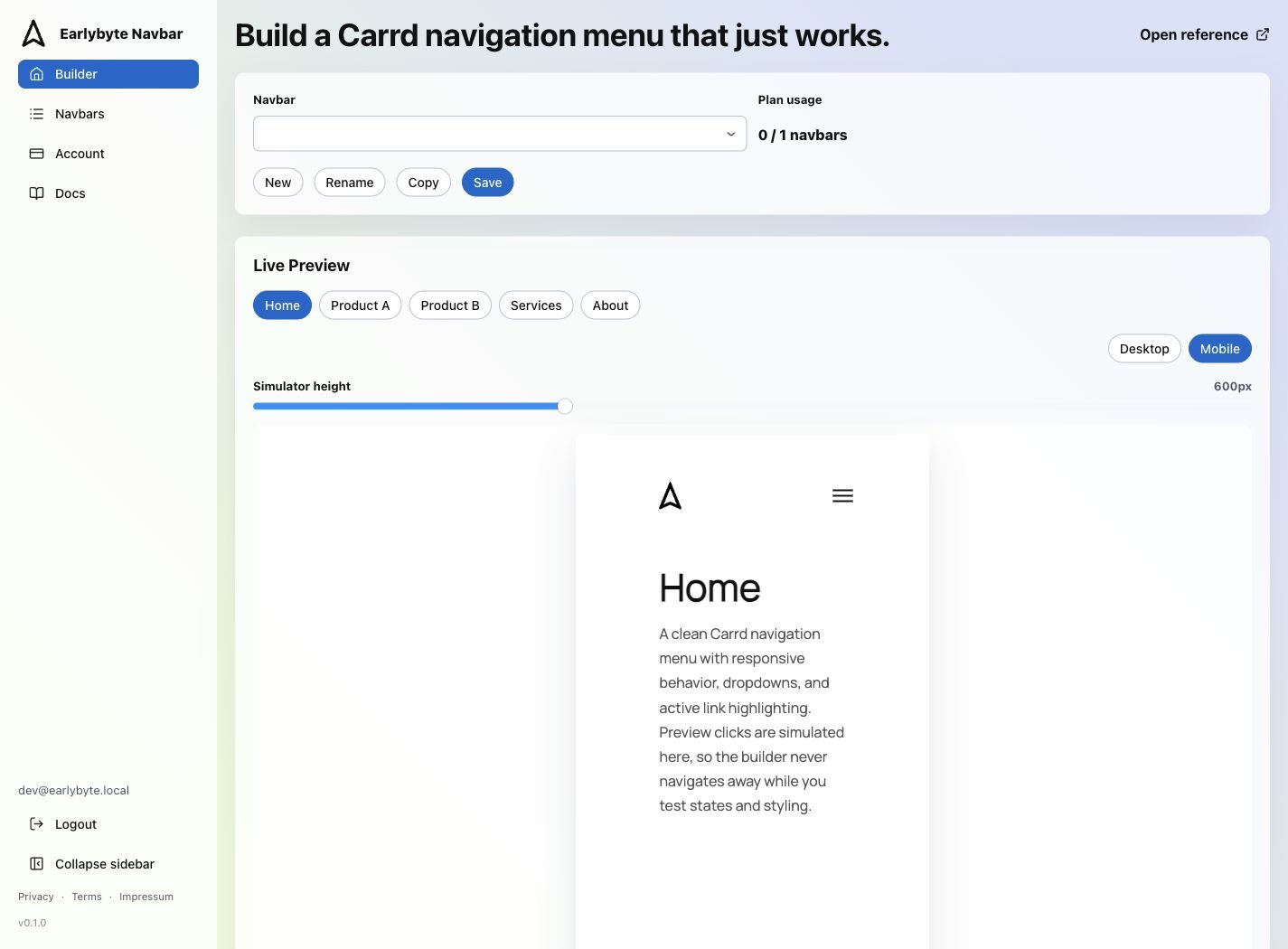 Carrd Navbar Builder interface with live desktop and mobile preview
