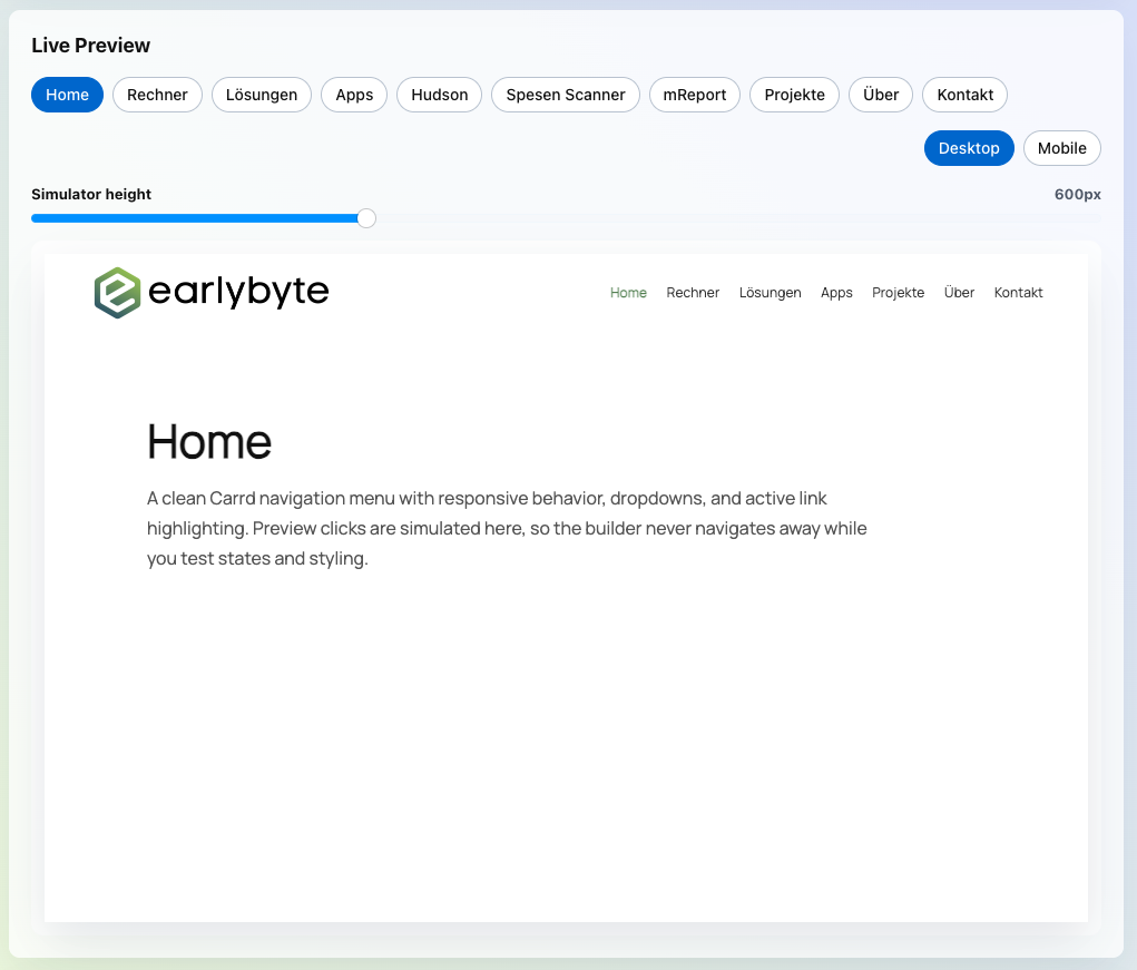 Live preview of a responsive Carrd navbar rendered for desktop in the builder