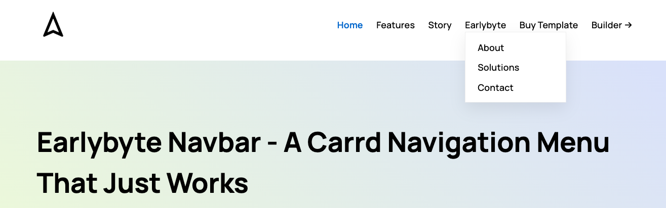 Carrd navbar with an open dropdown menu showing About, Solutions, and Contact links
