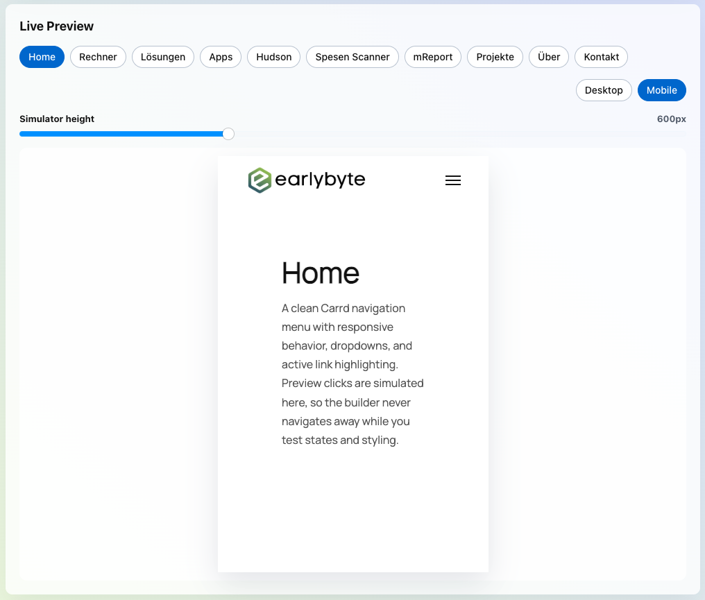 Live preview of a Carrd navbar rendered for mobile with a hamburger menu button