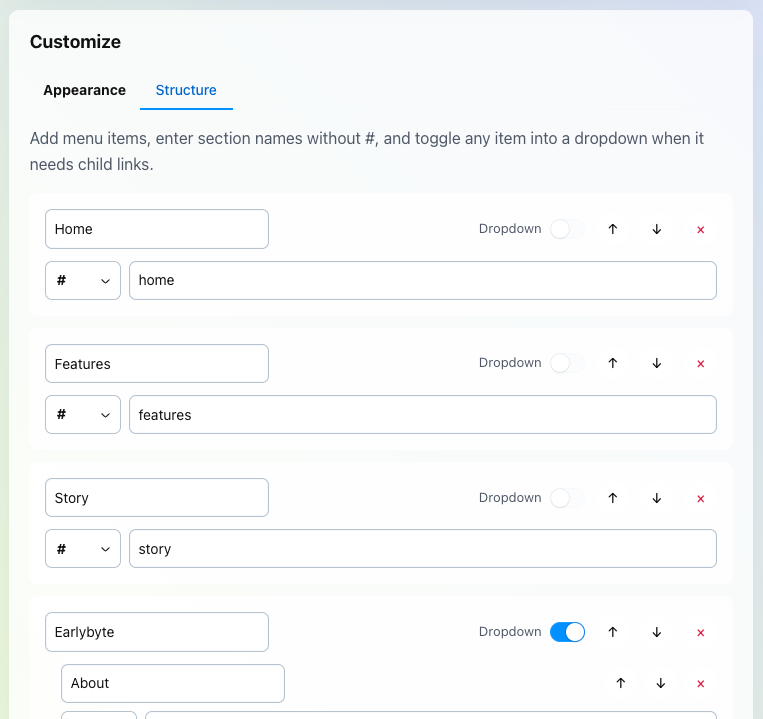 Structure tab of the Carrd navbar builder showing menu items, section names, reordering, and a dropdown toggle